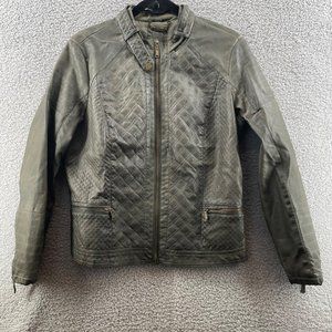 Odyn Womens Faux Leather Jacket  Full Zip Quilted Biker Moto Size Medium